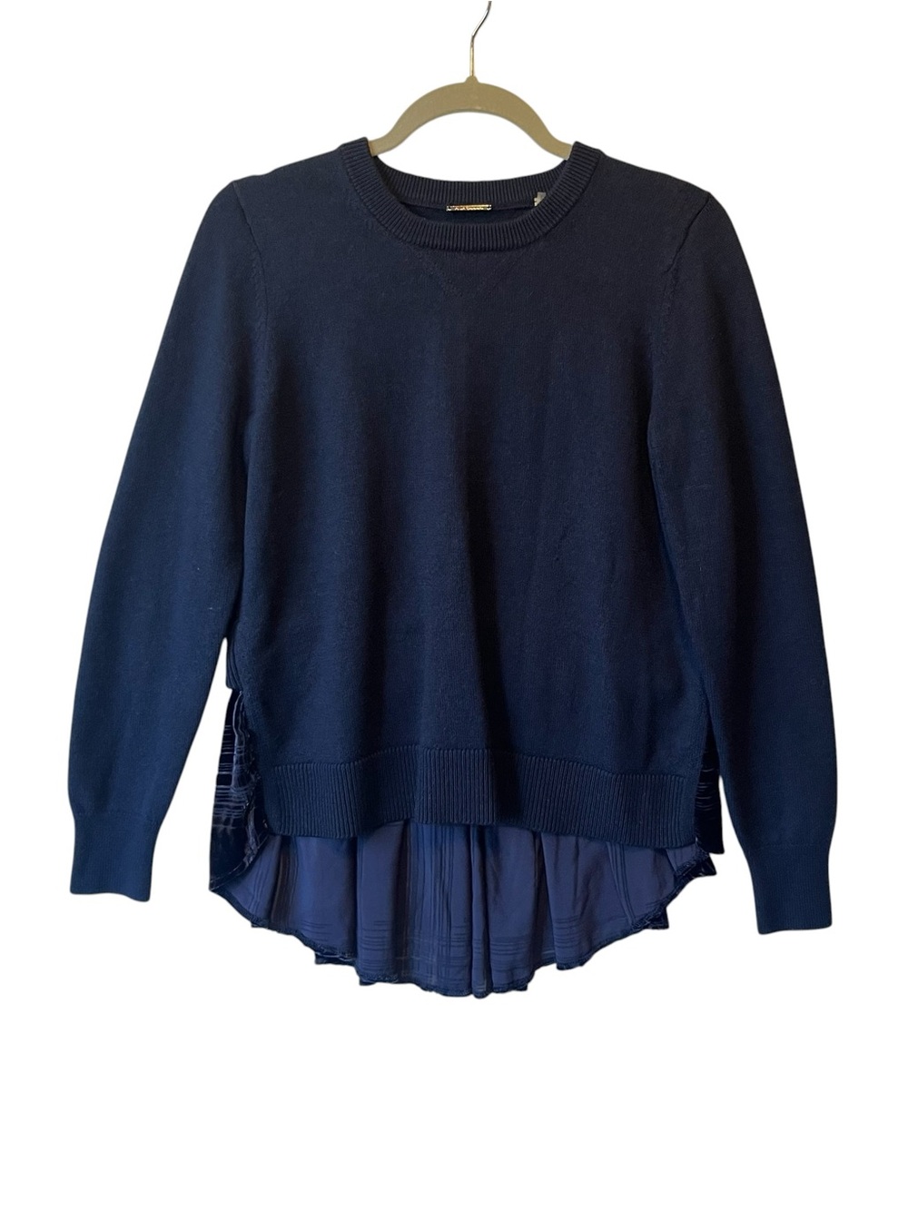 Elie Tahari pullover sweater M Blue Merino wool Layered Silk trim Crew neck